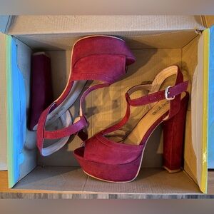 Cathy Jean Red Velvet Open Toe Heels Ankle Strap size 8.5